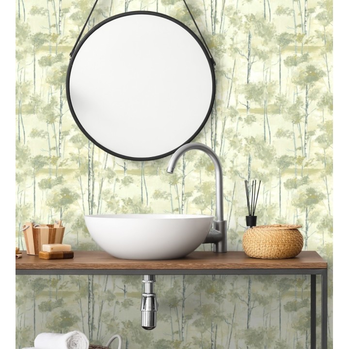 Papel pintado bosque pictórico etéreo con copas de árboles tonos verde oliva - Tagus Silvery 684493