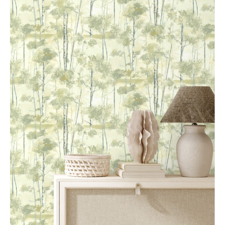 Papel pintado bosque pictórico etéreo con copas de árboles tonos verde oliva - Tagus Silvery 684493