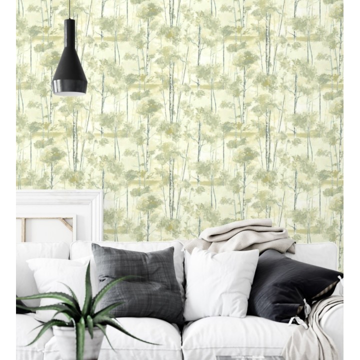 Papel pintado bosque pictórico etéreo con copas de árboles tonos verde oliva - Tagus Silvery 684493
