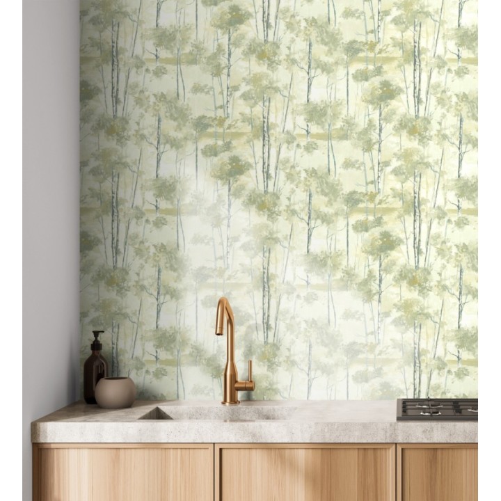 Papel pintado bosque pictórico etéreo con copas de árboles tonos verde oliva - Tagus Silvery 684493