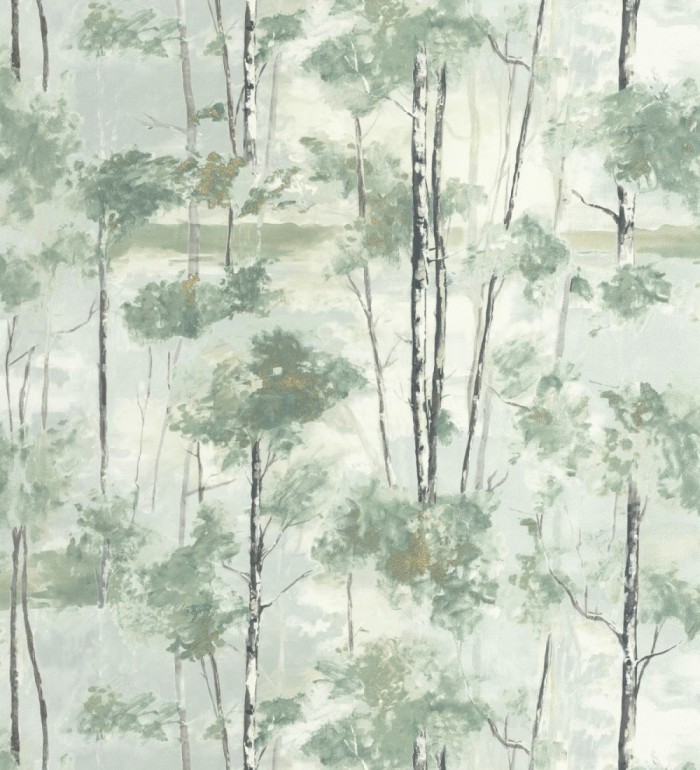 Papel pintado bosque pictórico etéreo con copas de árboles tonos verde botella - Tagus Silvery 684494