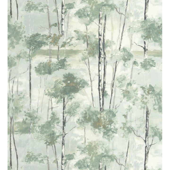 Papel pintado bosque pictórico etéreo con copas de árboles tonos verde botella - Tagus Silvery 684494