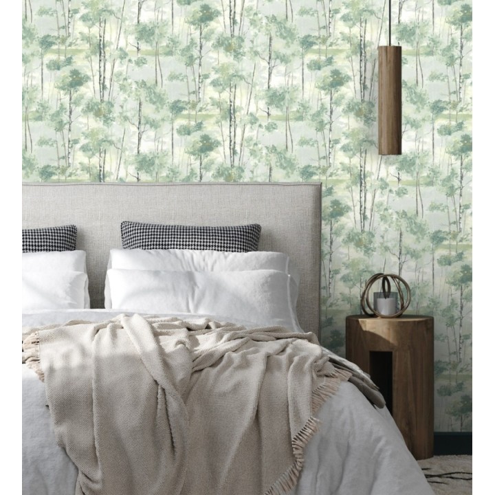 Papel pintado bosque pictórico etéreo con copas de árboles tonos verde botella - Tagus Silvery 684494