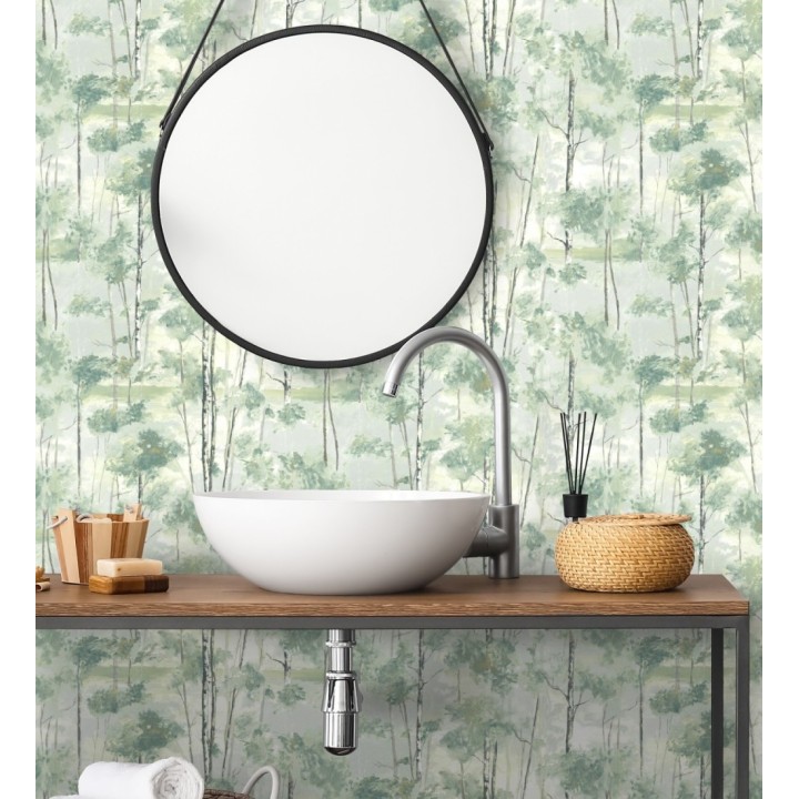 Papel pintado bosque pictórico etéreo con copas de árboles tonos verde botella - Tagus Silvery 684494
