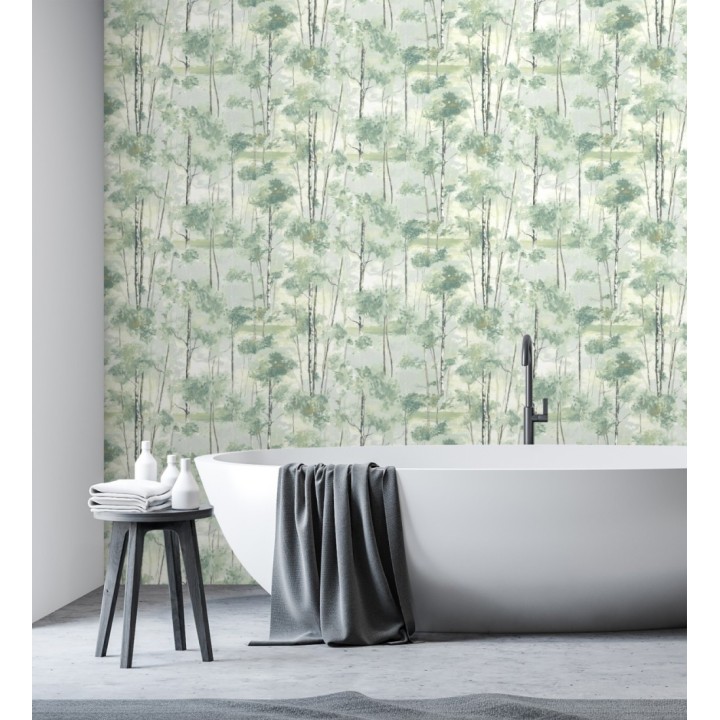 Papel pintado bosque pictórico etéreo con copas de árboles tonos verde botella - Tagus Silvery 684494