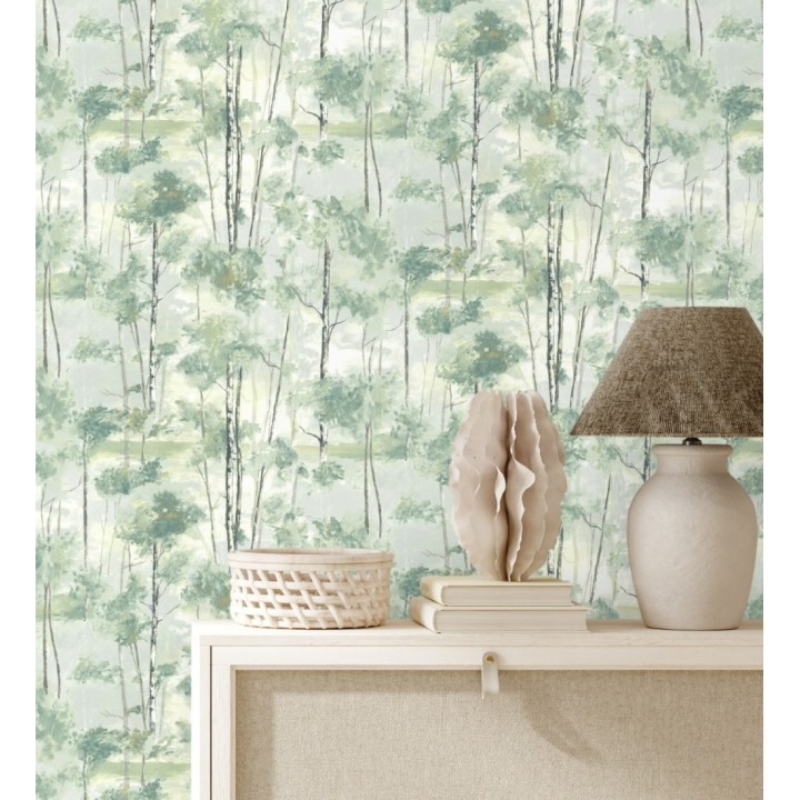 Papel pintado bosque pictórico etéreo con copas de árboles tonos verde botella - Tagus Silvery 684494
