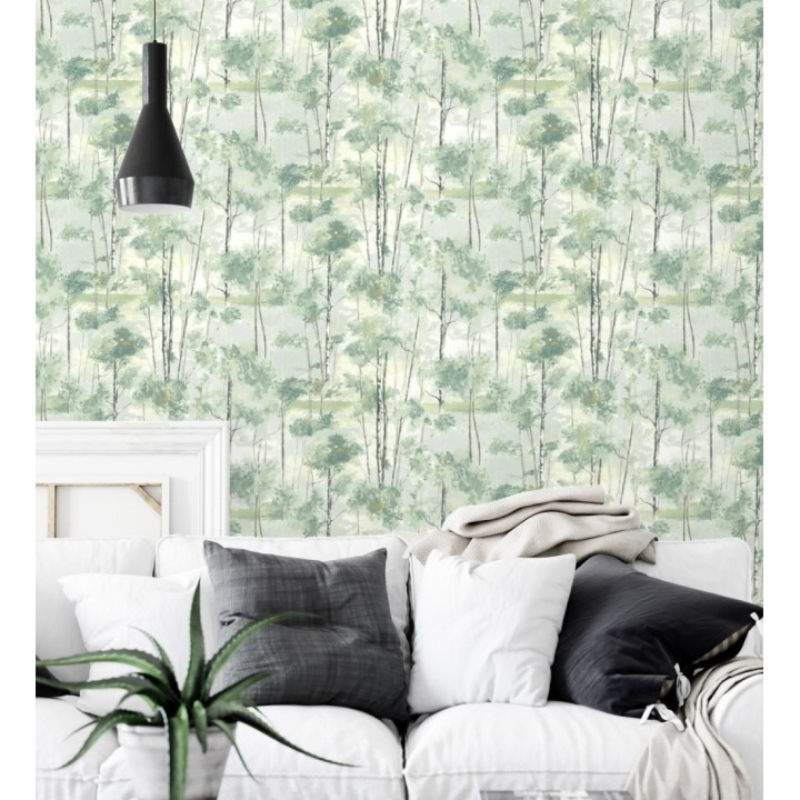 Papel pintado bosque pictórico etéreo con copas de árboles tonos verde botella - Tagus Silvery 684494
