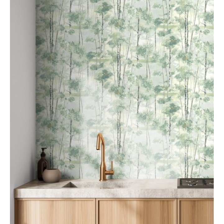 Papel pintado bosque pictórico etéreo con copas de árboles tonos verde botella - Tagus Silvery 684494
