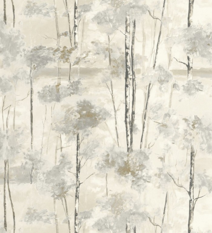 Papel pintado bosque pictórico etéreo con copas de árboles tonos gris piedra - Tagus Silvery 684495