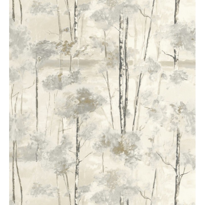 Papel pintado bosque pictórico etéreo con copas de árboles tonos gris piedra - Tagus Silvery 684495