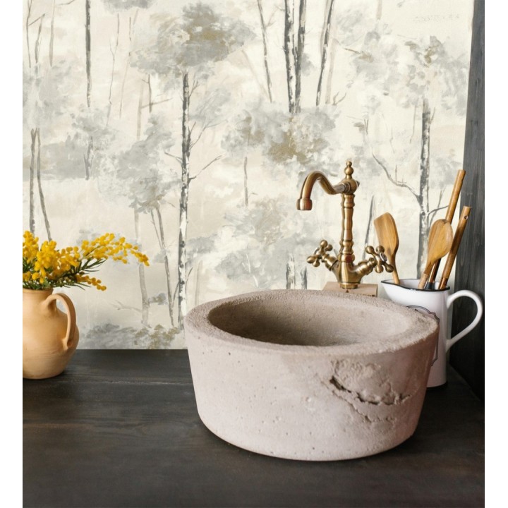 Papel pintado bosque pictórico etéreo con copas de árboles tonos gris piedra - Tagus Silvery 684495