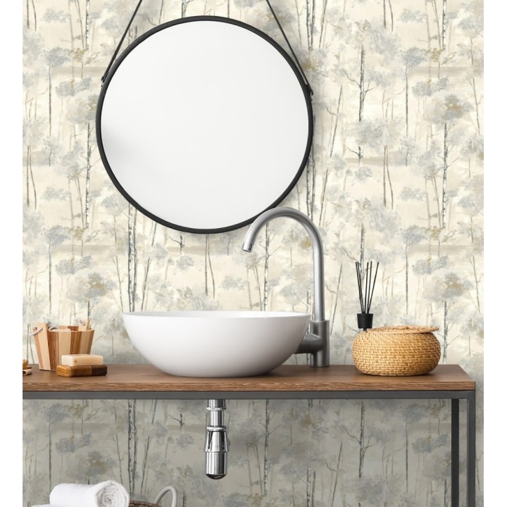 Papel pintado bosque pictórico etéreo con copas de árboles tonos gris piedra - Tagus Silvery 684495