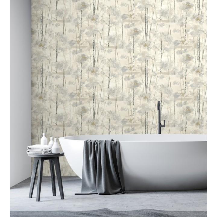 Papel pintado bosque pictórico etéreo con copas de árboles tonos gris piedra - Tagus Silvery 684495
