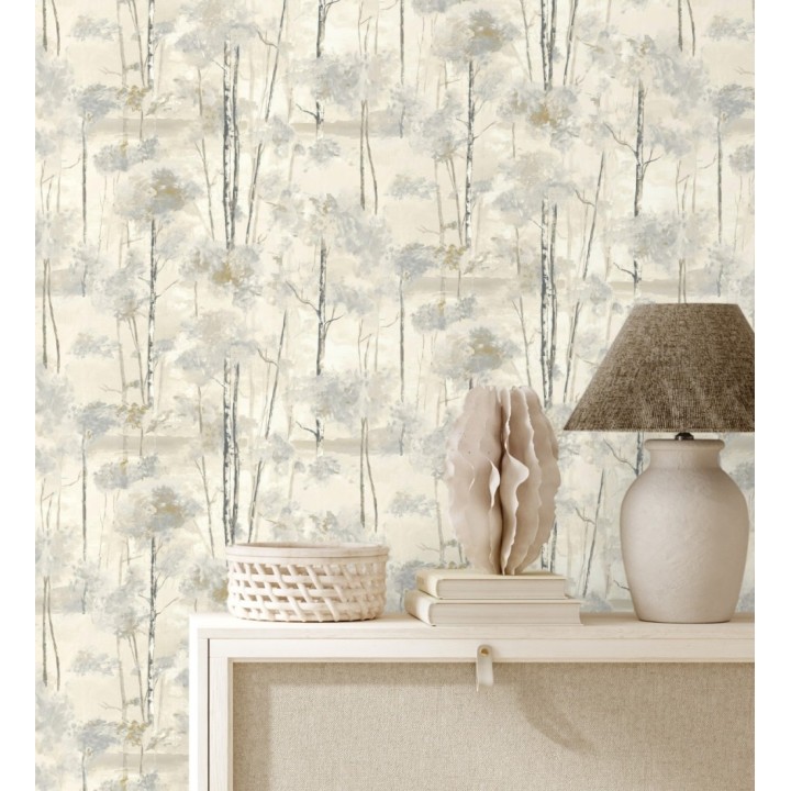 Papel pintado bosque pictórico etéreo con copas de árboles tonos gris piedra - Tagus Silvery 684495
