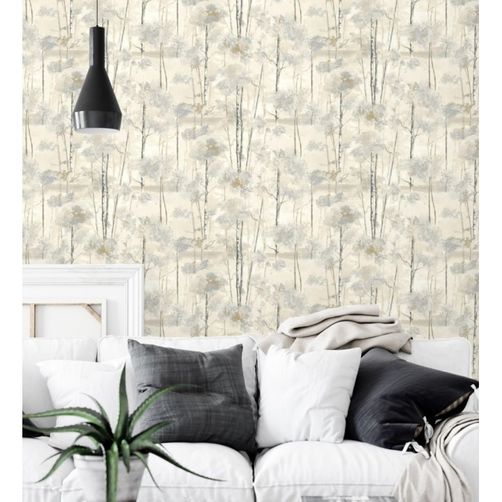 Papel pintado bosque pictórico etéreo con copas de árboles tonos gris piedra - Tagus Silvery 684495