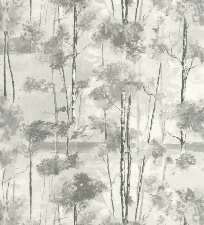 Papel pintado bosque pictórico etéreo con copas de árboles tonos gris pizarra - Tagus Silvery 684496