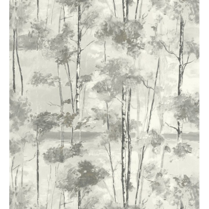 Papel pintado bosque pictórico etéreo con copas de árboles tonos gris pizarra - Tagus Silvery 684496