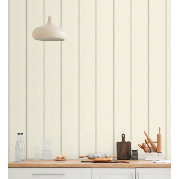 Papel pintado de rayas beige fondo tejido de lino - Colmar Lined 684515