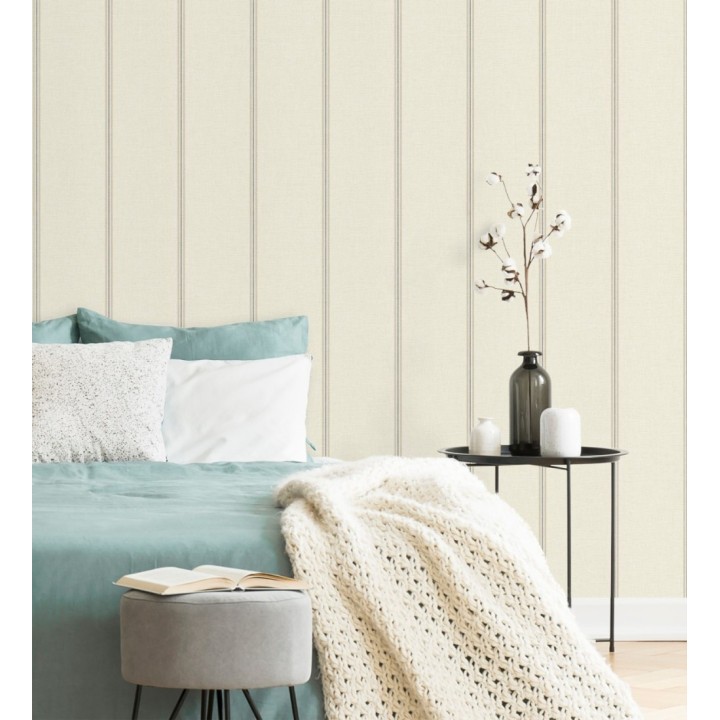 Papel pintado de rayas beige fondo tejido de lino - Colmar Lined 684515