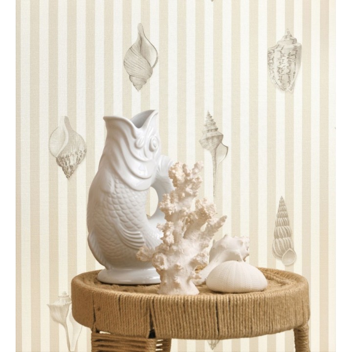 Papel pintado rayas beige conchas marinas tradicional - Coll Coastal 684518