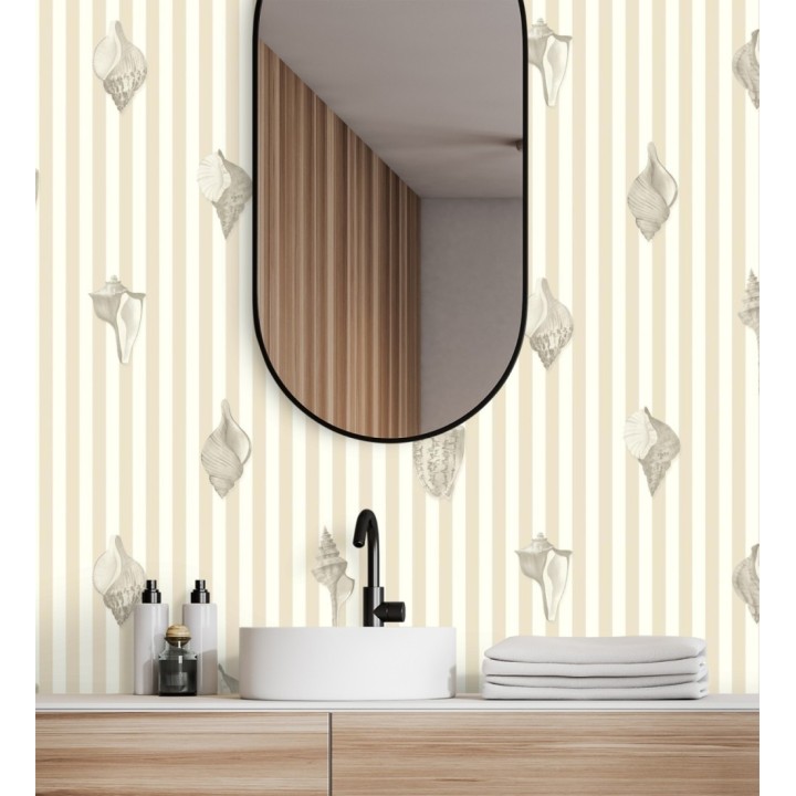 Papel pintado rayas beige conchas marinas tradicional - Coll Coastal 684518