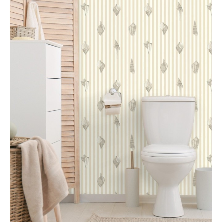 Papel pintado rayas beige conchas marinas tradicional - Coll Coastal 684518