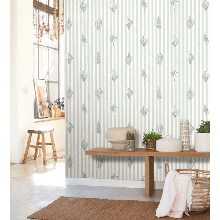 Papel pintado rayas azul conchas marinas tradicional - Coll Coastal 684519