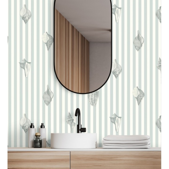 Papel pintado rayas azul conchas marinas tradicional - Coll Coastal 684519