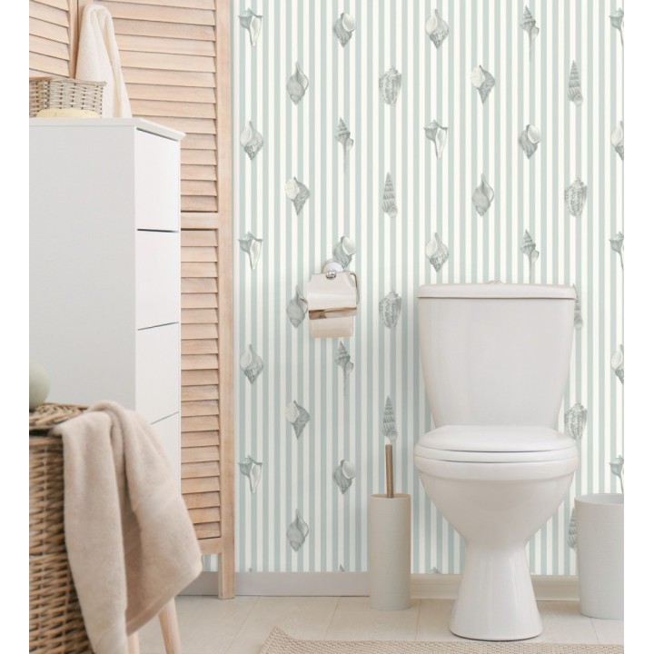 Papel pintado rayas azul conchas marinas tradicional - Coll Coastal 684519