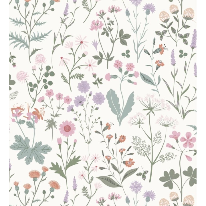 Papel pintado pradera flores silvestres colores rosa y violeta - Yorkshire Floral 684534