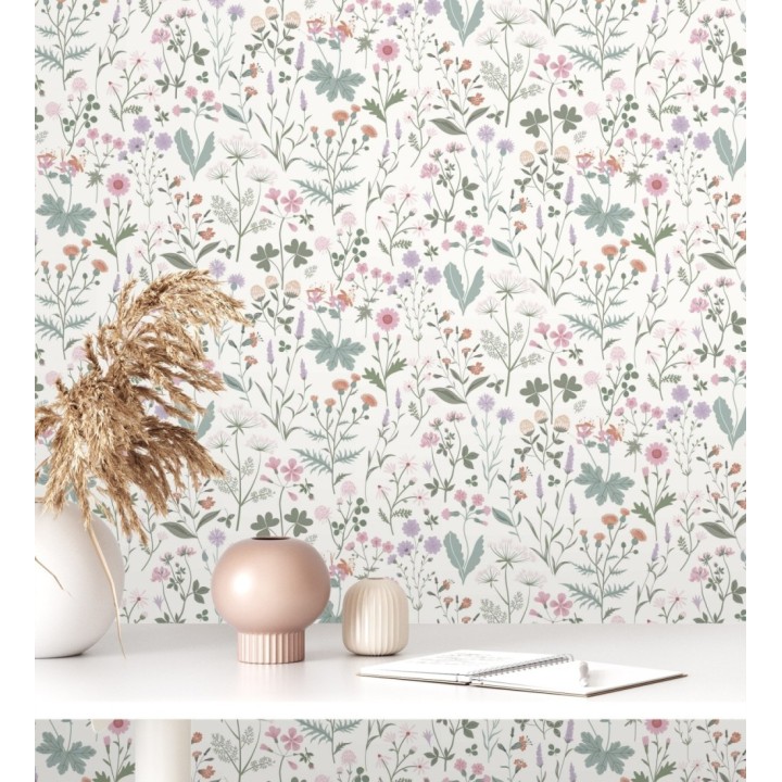 Papel pintado pradera flores silvestres colores rosa y violeta - Yorkshire Floral 684534