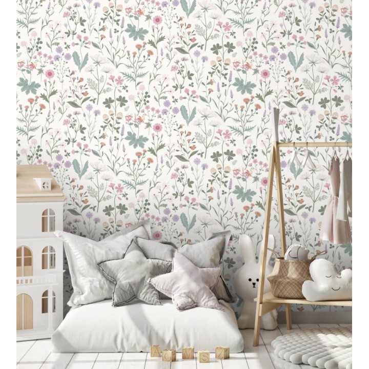 Papel pintado pradera flores silvestres colores rosa y violeta - Yorkshire Floral 684534