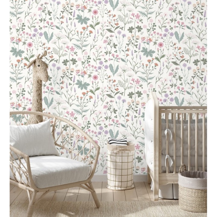 Papel pintado pradera flores silvestres colores rosa y violeta - Yorkshire Floral 684534