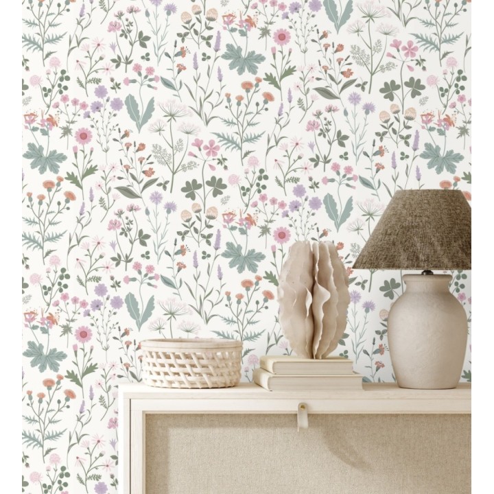 Papel pintado pradera flores silvestres colores rosa y violeta - Yorkshire Floral 684534