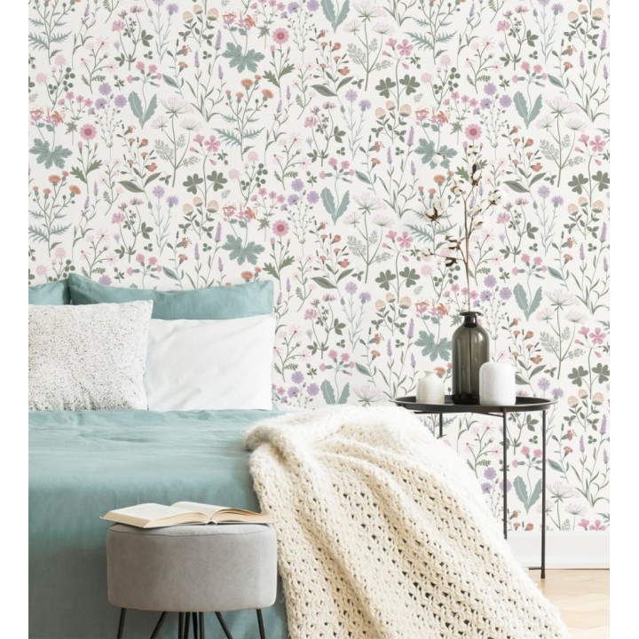 Papel pintado pradera flores silvestres colores rosa y violeta - Yorkshire Floral 684534