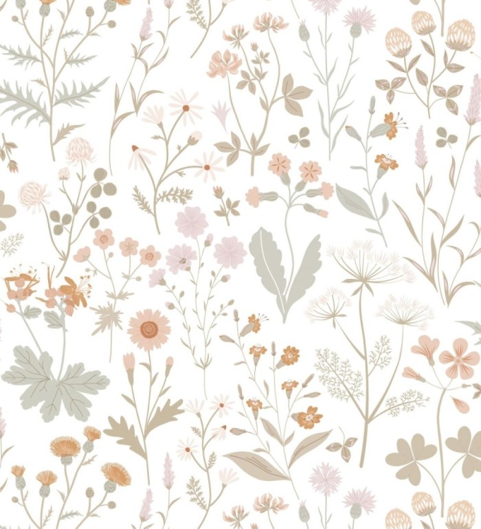 Papel pintado pradera flores silvestres colores ocre y rosa palo - Yorkshire Floral 684535