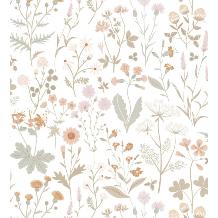 Papel pintado pradera flores silvestres colores ocre y rosa palo - Yorkshire Floral 684535