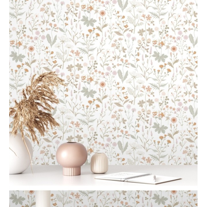 Papel pintado pradera flores silvestres colores ocre y rosa palo - Yorkshire Floral 684535