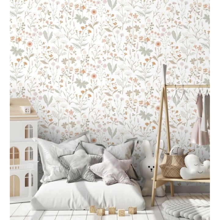 Papel pintado pradera flores silvestres colores ocre y rosa palo - Yorkshire Floral 684535