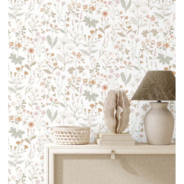 Papel pintado pradera flores silvestres colores ocre y rosa palo - Yorkshire Floral 684535