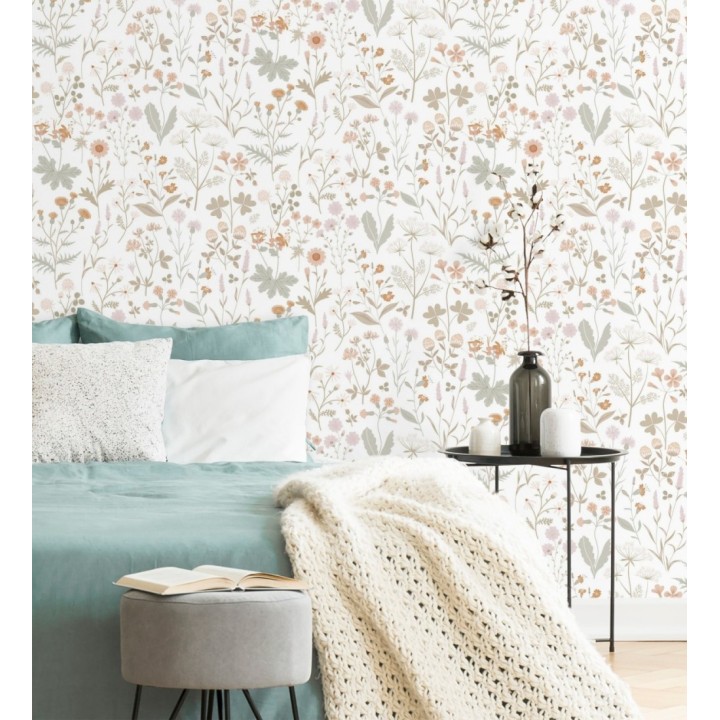 Papel pintado pradera flores silvestres colores ocre y rosa palo - Yorkshire Floral 684535