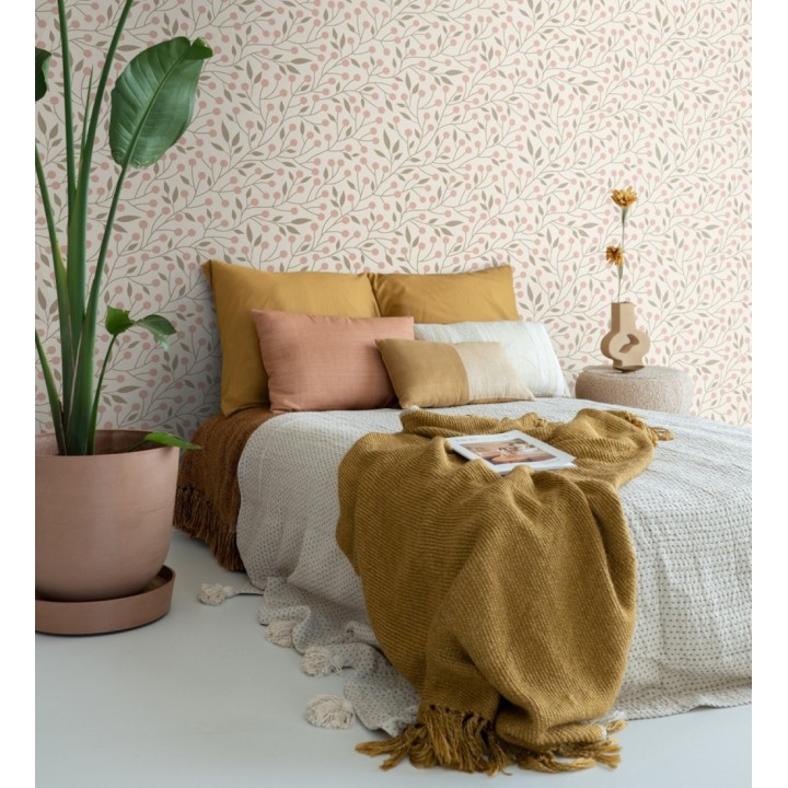 Papel pintado bayas silvestres tonos rosa y topo beige - Lund Nordic 684540