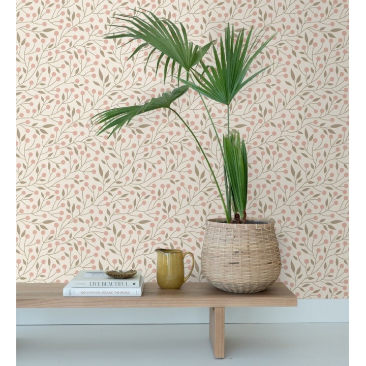 Papel pintado bayas silvestres tonos rosa y topo beige - Lund Nordic 684540