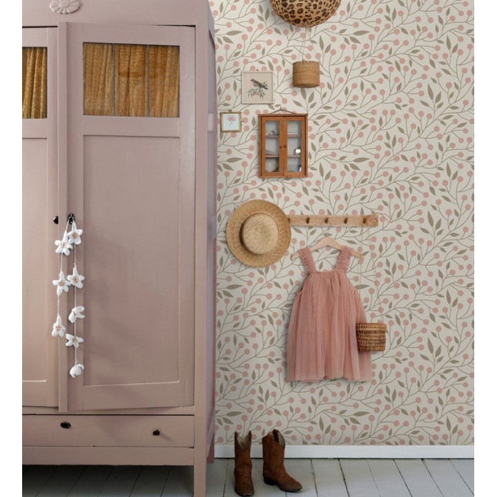 Papel pintado bayas silvestres tonos rosa y topo beige - Lund Nordic 684540