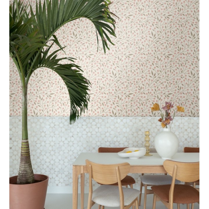 Papel pintado bayas silvestres tonos rosa y topo beige - Lund Nordic 684540