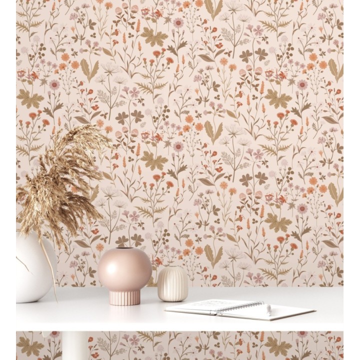 Papel pintado pradera flores silvestres colores naranjas rojos y rosa - Yorkshire Floral 684541