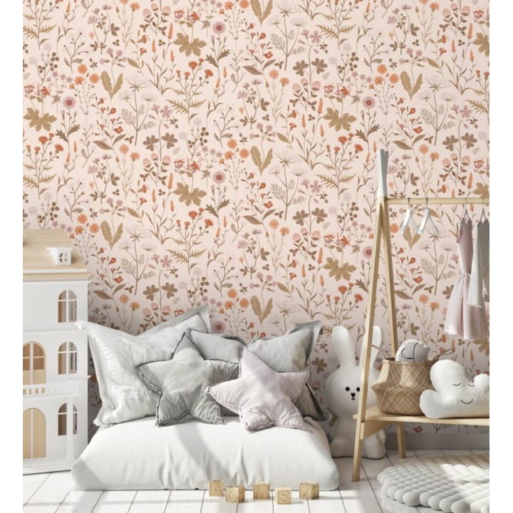 Papel pintado pradera flores silvestres colores naranjas rojos y rosa - Yorkshire Floral 684541