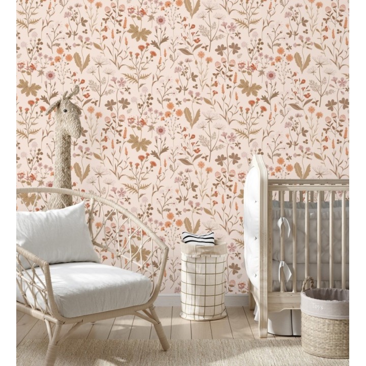 Papel pintado pradera flores silvestres colores naranjas rojos y rosa - Yorkshire Floral 684541