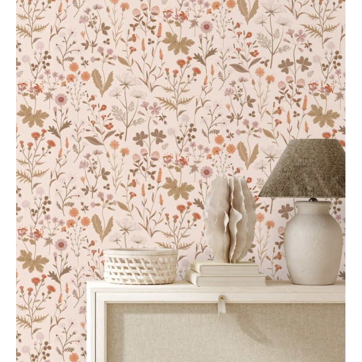 Papel pintado pradera flores silvestres colores naranjas rojos y rosa - Yorkshire Floral 684541