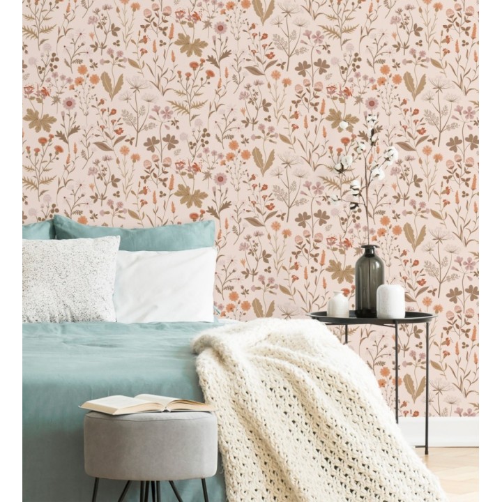 Papel pintado pradera flores silvestres colores naranjas rojos y rosa - Yorkshire Floral 684541